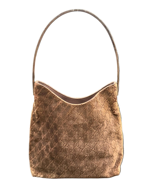 Gucci Long Brown Devore Metal Handle Bag