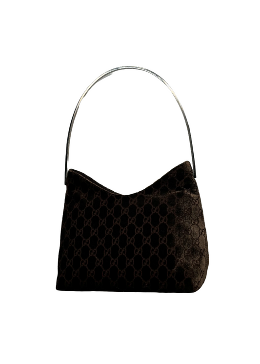Short Brown Devore Metal Handle Bag