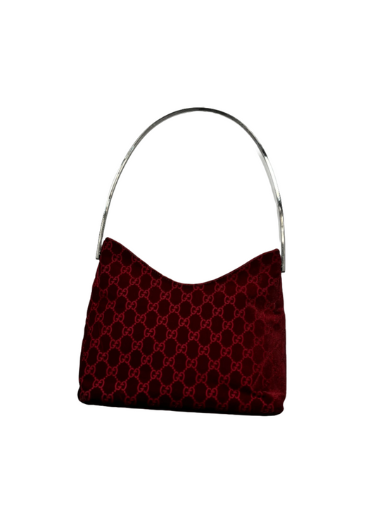 Short Red Devore Metal Handle Bag