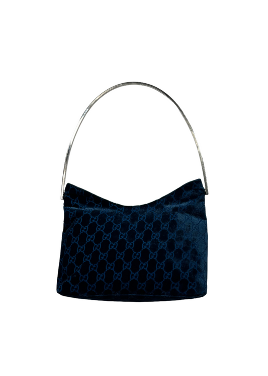 Short Blue Devore Metal Handle Bag