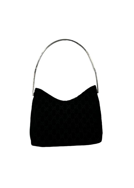 Short Black Devore Metal Handle Bag