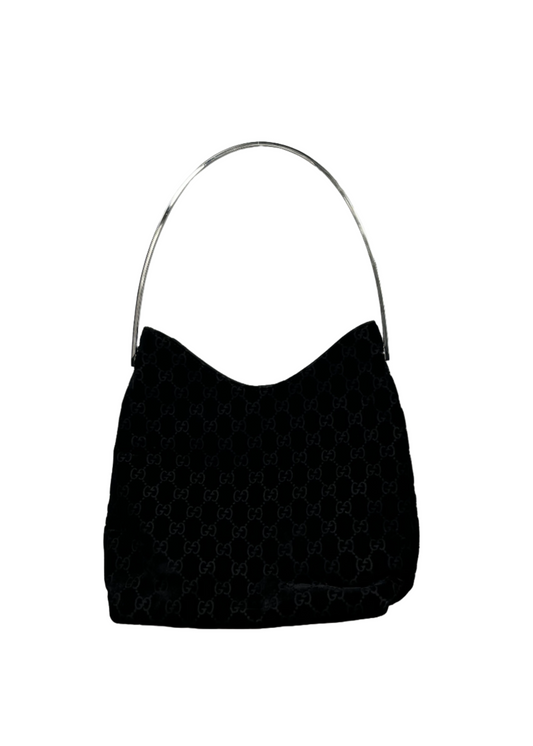Long Black Devore Metal Handle Bag