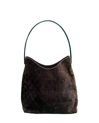 Gucci Long Brown Devore Metal Handle Bag