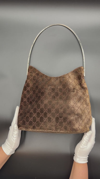 Gucci Long Brown Devore Metal Handle Bag
